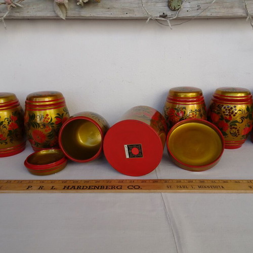 Khokhloma jars used, set of 7, wooden, handmade, USSR vintage