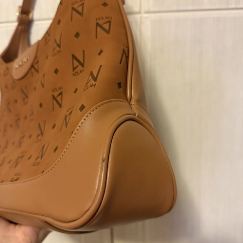 Nolah shoulder bag in camel and brown with monogram design