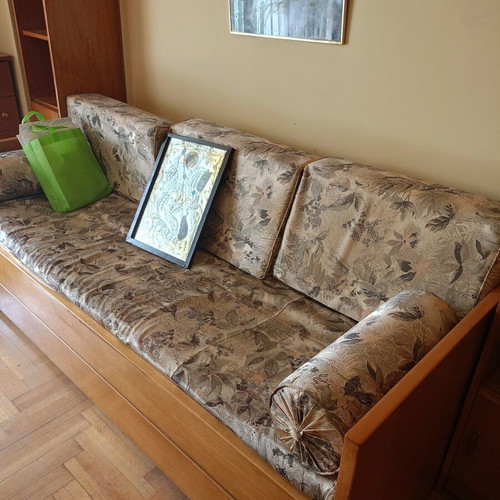 Sofa bed with pull-out double bed and bookshelf used