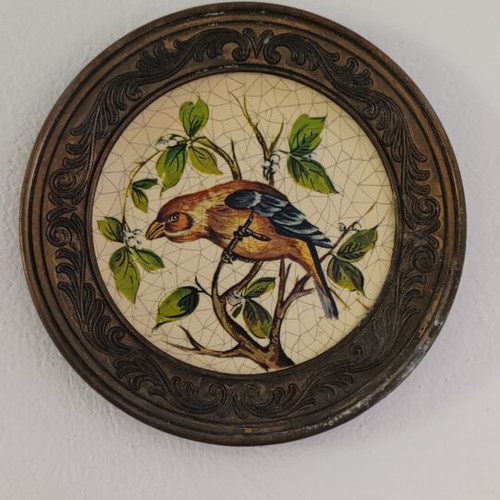 Vintage decorative wall plate 22cm with bird, used, crackle design