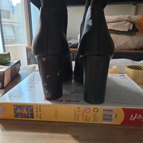 Black ankle boot heels used, leather faux and fabric, size 40
