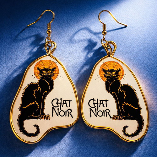 Σκουλαρίκια Art Nouveau "Le chat noir" χειροποίητα, καινούργια, πολύχρωμα
