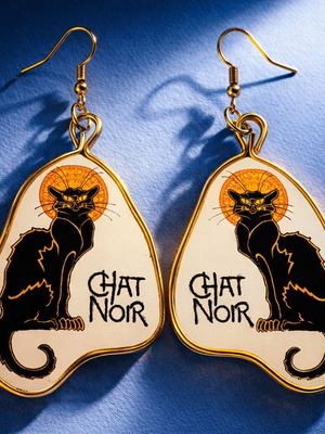 Σκουλαρίκια Art Nouveau "Le chat noir" χειροποίητα, καινούργια, πολύχρωμα