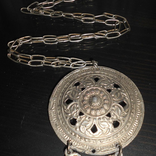 Traditional folk art pendant disk necklace used