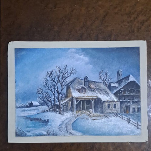 Oil painting used, winter landscape with traditional house without frame