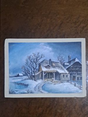 Oil painting used, winter landscape with traditional house without frame
