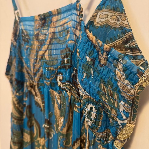 Celia Kritharioti 5226 vintage mini dress blue gold shiny, like new