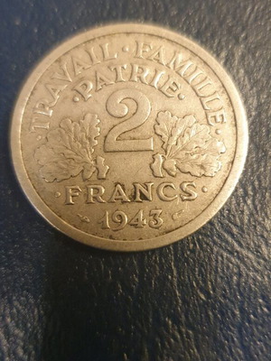Νομίσματα 2 francs 1943 & 1947 και 1 franc 1948B-50B μεταχειρισμένα, σετ 5 τεμαχίων