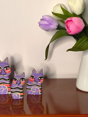 Set of 3 handmade wooden cats used, Laurel Burch style
