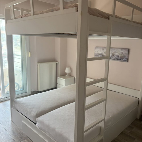 Handcrafted solid wooden bed for 4 people, white finish