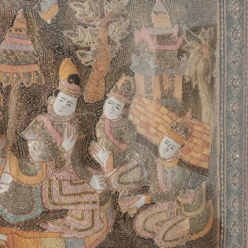 Burma embroidered textile painting from India used, 100x70 framed with glass