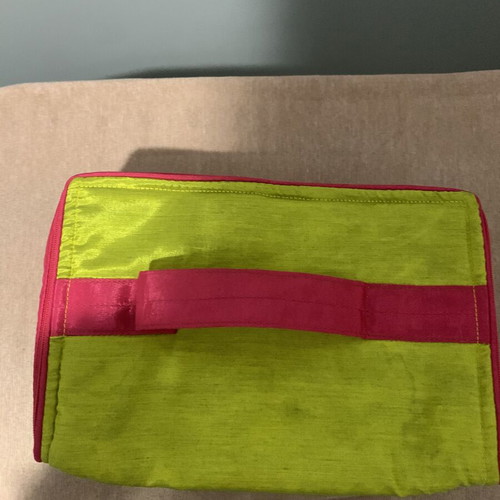 Cosmetic toiletry bag with handle, pink and green