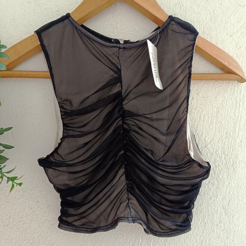 Sleeveless elastic tulle crop top black with zipper, new