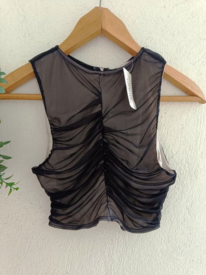 Sleeveless elastic tulle crop top black with zipper, new