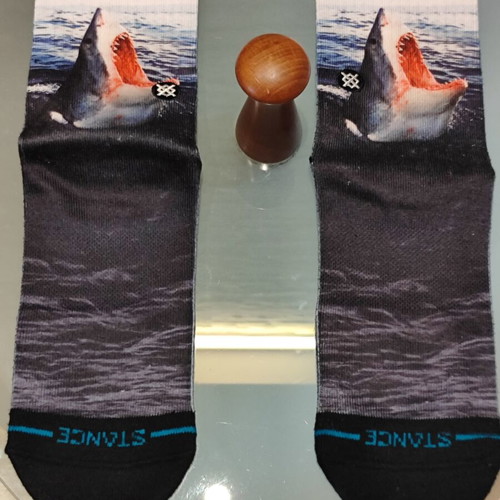 Stance Landlord Crew socks with great white shark design, large 43-46
