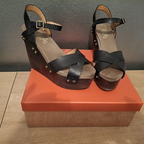 Flogg women's sandals with wooden platform used, black, size 38