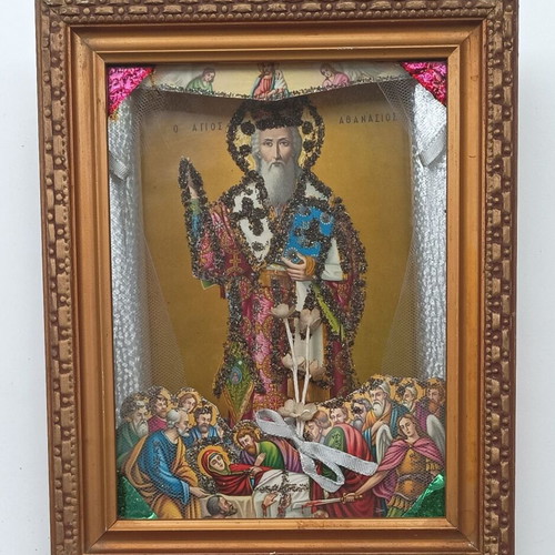 Religious icon Saint Athanasios and the Dormition of the Theotokos like new