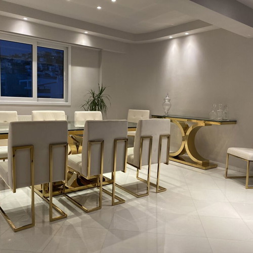 Elegant custom-made dining room set with glass table and 8 chairs