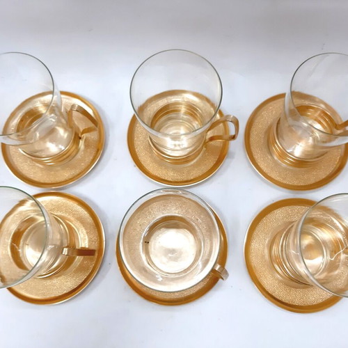 Vintage set of 6 glasses with copper bronze holders and saucers USSR 1960s like new