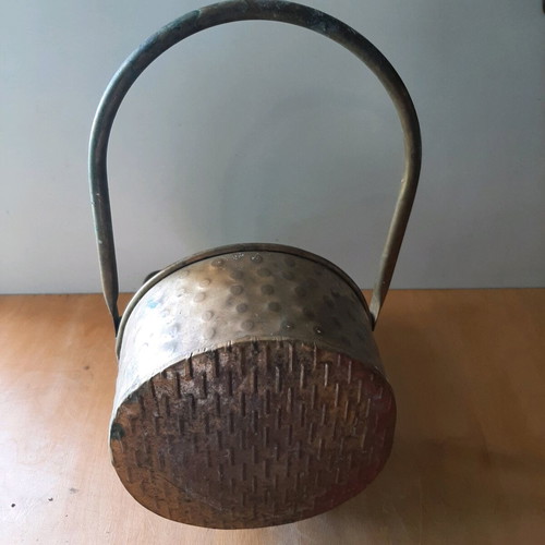 Copper coal scuttle used, hammered helmet style