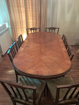 Rustic solid wood dining table with marquetry and 8 chairs used, velvet seats