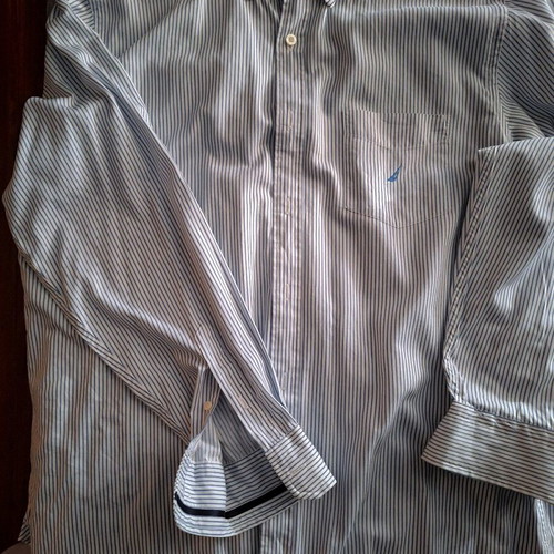 Nautica men's striped shirt used, long sleeve white with blue stripes