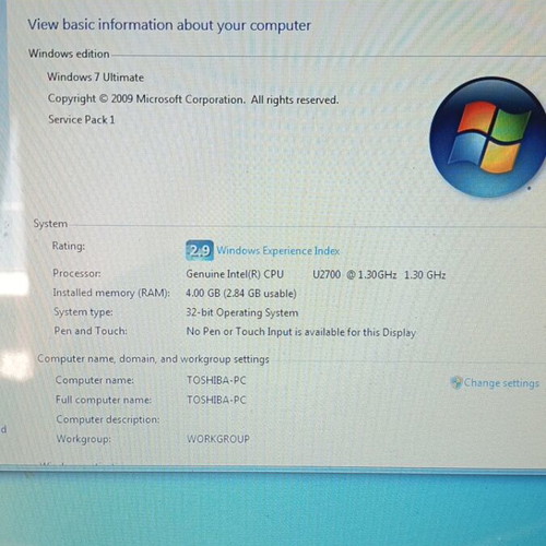 Toshiba Satellite T110 laptop used, Intel Pentium, 4GB RAM, 320GB HDD