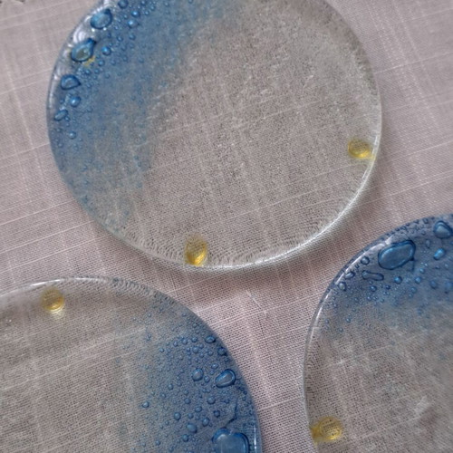 Handmade glass coasters set of 3 with sea bubble effect, new