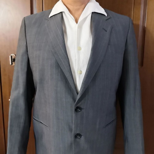 Gray striped men's summer suit by E. Loumos, used, size 50 jacket, altered pants