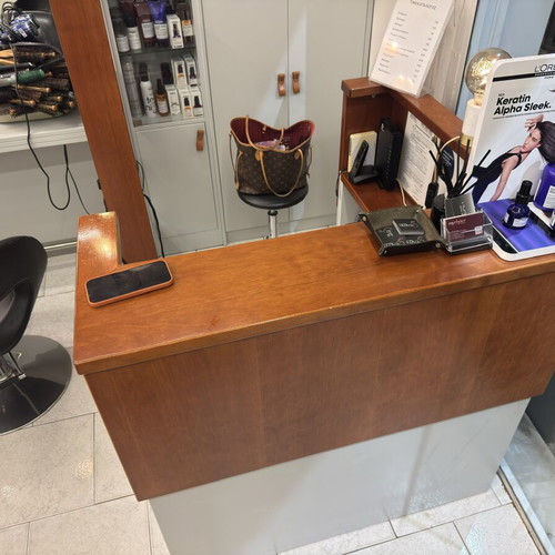 Reception desk used, cherry wood with light gray lacquer and inner counter