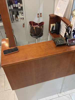 Reception desk used, cherry wood with light gray lacquer and inner counter