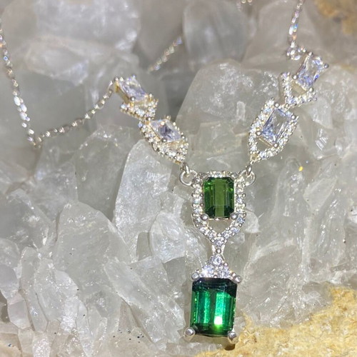 Silver necklace with natural indicolite, green tourmaline, topaz and moissanite