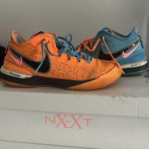 LeBron basketball shoes used, size 46, blue and orange Nike sneakers