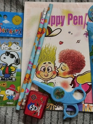 Office set new with notebook, Snoopy stickers, Winnie pencils, scissors, sharpener and ruler