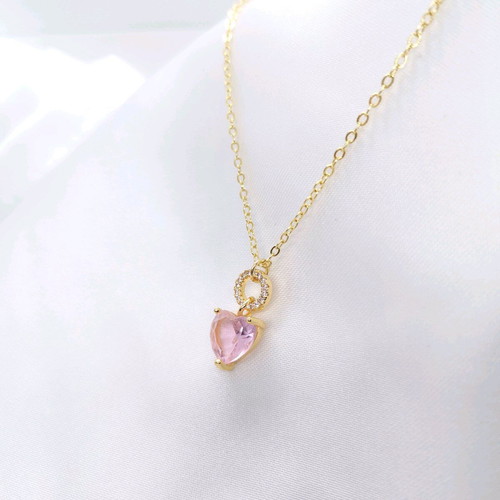 18K Gold-Plated Necklace with Pink Heart Pendant, 45 cm, New