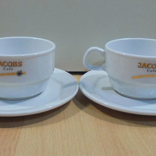 Jacobs coffee two promotional porcelain cups for cappuccino or chocolate like new with saucers