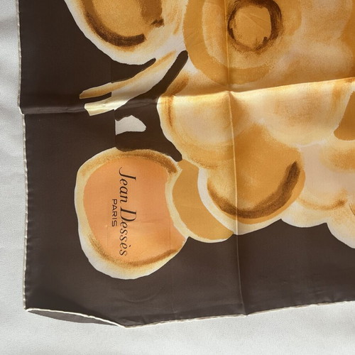 Vintage silk scarf Jean Dessès Paris new, beige and brown