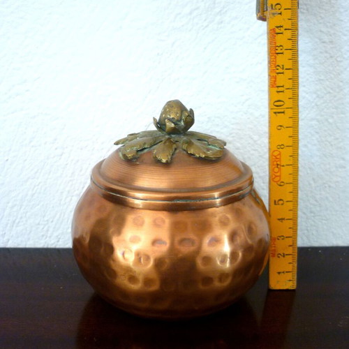 Vintage hammered bronze and copper fondue pot used