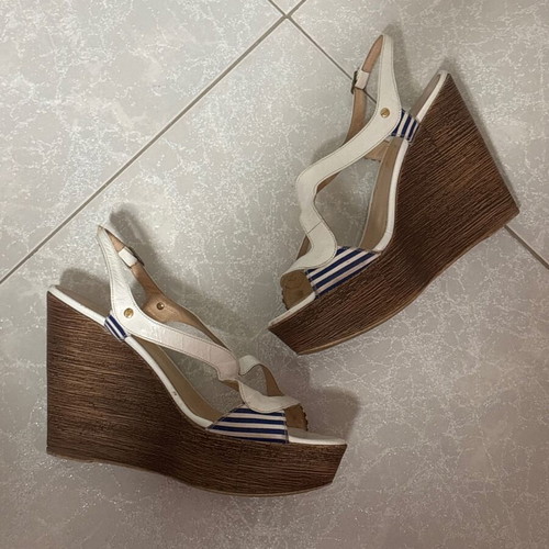 Mourtzi platform sandals, leather with white and blue striped fabric, size 38
