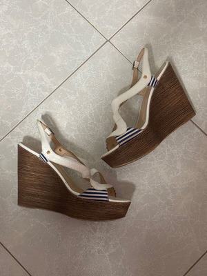 Mourtzi platform sandals, leather with white and blue striped fabric, size 38