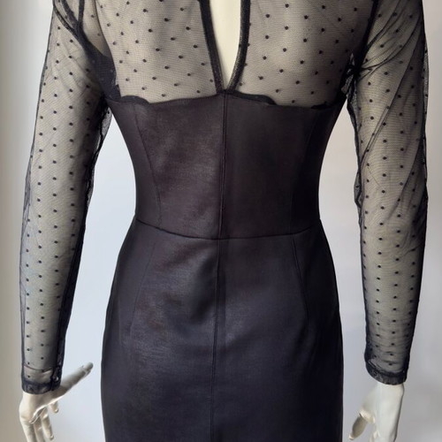 Bodycon evening dress black with mesh polka dots and leatherette like new