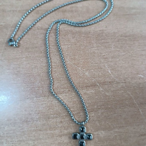 Men's stainless steel cross necklace new with black stones