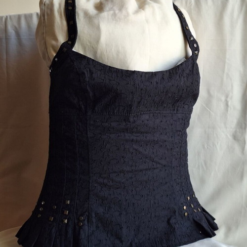 Karen Millen Vintage Y2K Small Black Broderie Anglaise Corset Halter Top like new