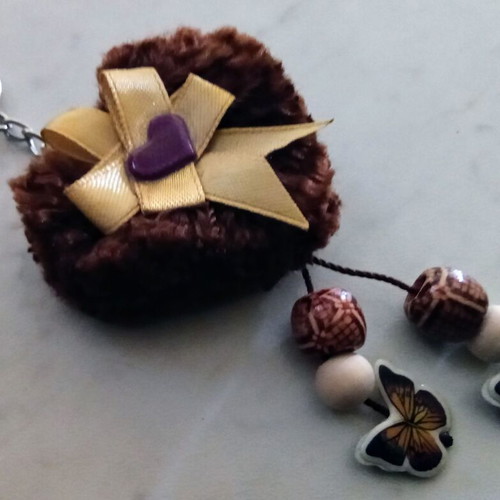 Handmade Valentine's keychain new, brown and beige heart with beads and butterflies