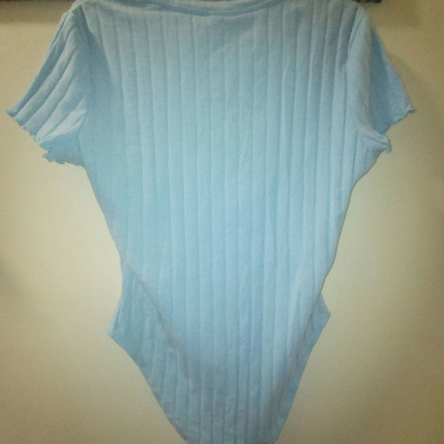 Blue ribbed short-sleeve bodysuit with V-neck, new, size L