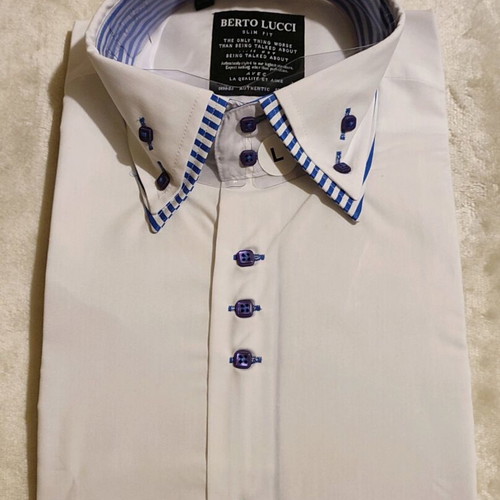 Berto Lucci shirt new white with blue stripes, slim fit, size Large