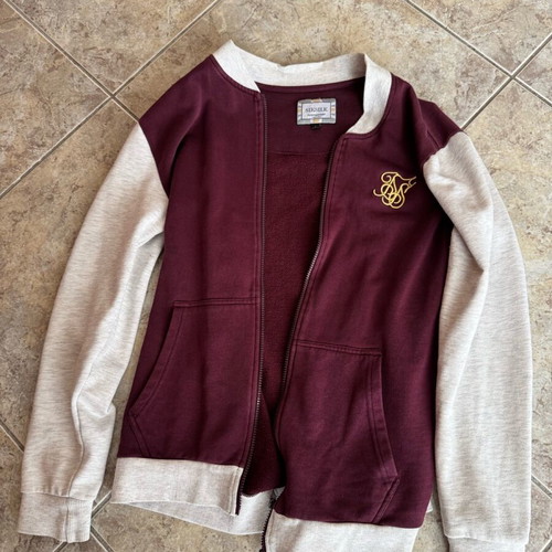 Sik Silk men's college-style cardigan used, burgundy and white, size L