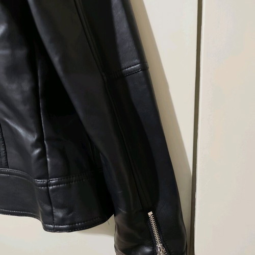 Short fitted black biker-style faux leather jacket like new