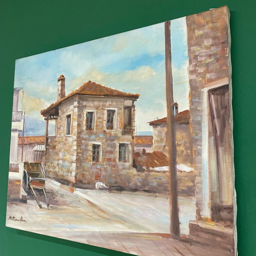 Artwork on canvas with stone house theme like new