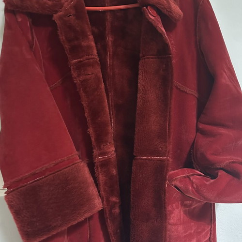 Red Suede Shearling Coat with Faux Fur, Medium